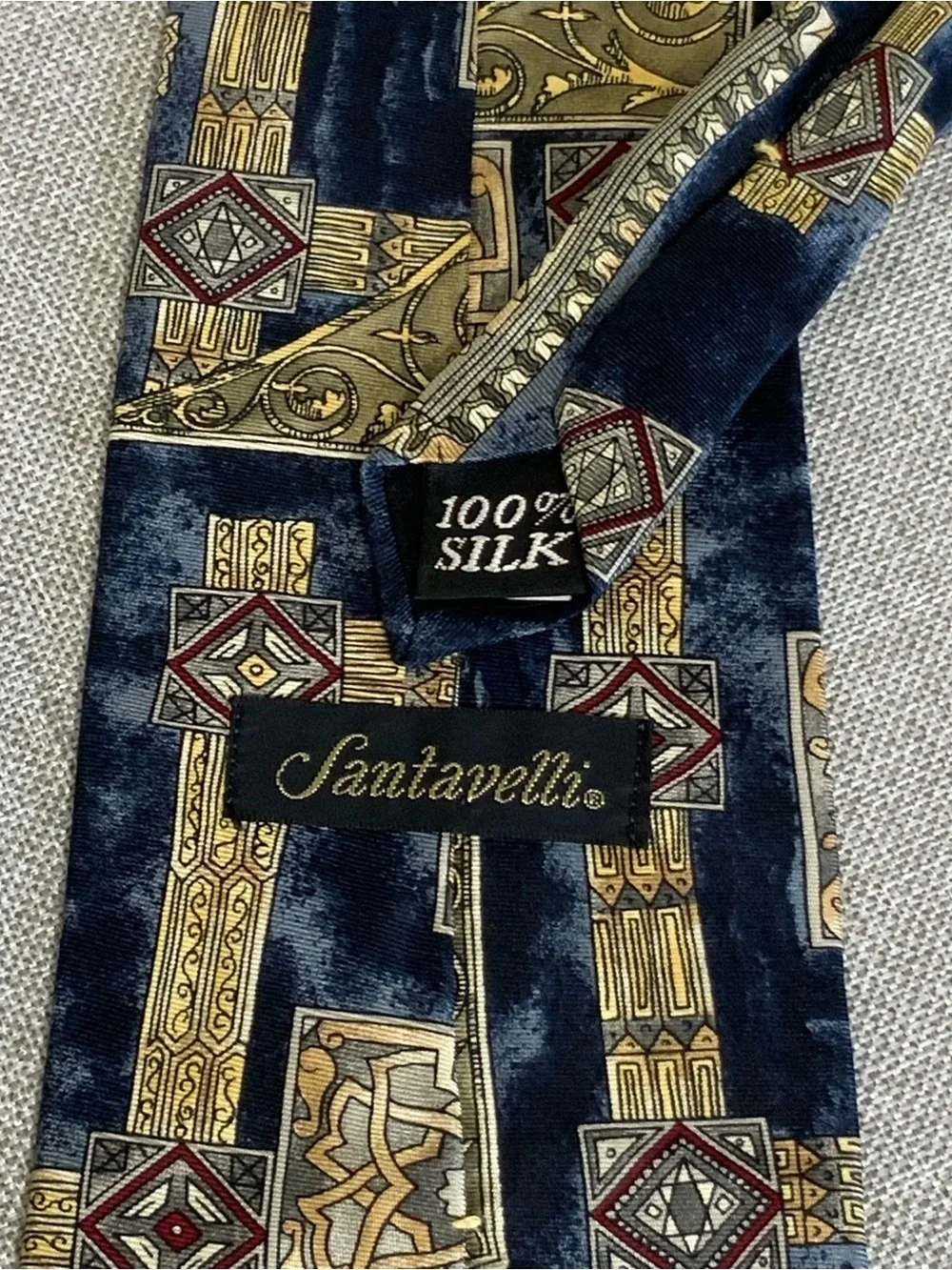 Vintage Santavelli Silk Geometric Wide Tie Navy Gold